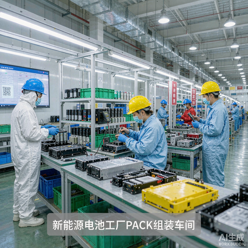 电池工厂PACK组装车间——新能源电池工厂PACK组装车间实拍——三线工人在洁净环境下组装电池模组,电池工服定做需满足防静电GB 12014+洁净度ISO 6标准。 电池工厂PACK组装车间——新能源电池工厂PACK组装车间实拍——三线工人在洁净环境下组装电池模组,电池工服定做需满足防静电GB 12014+洁净度ISO 6标准。