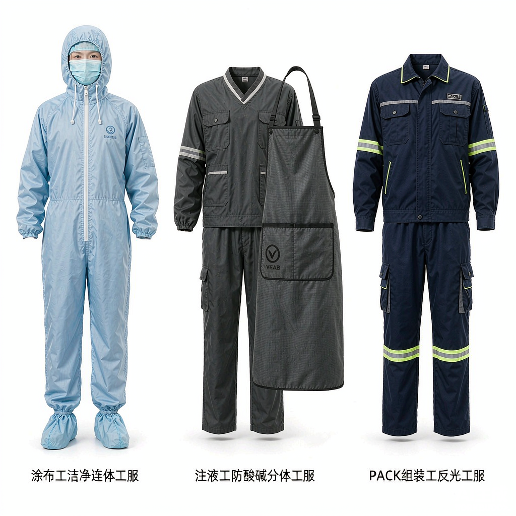 电池工服款式配置——电池厂五工种款式配置展示:涂布工洁净连体工服、注液工防酸碱分体工服、PACK组装工反光工服,三种典型款式覆盖电池厂90%以上的工服定做需求。 电池工服款式配置——电池厂五工种款式配置展示:涂布工洁净连体工服、注液工防酸碱分体工服、PACK组装工反光工服,三种典型款式覆盖电池厂90%以上的工服定做需求。